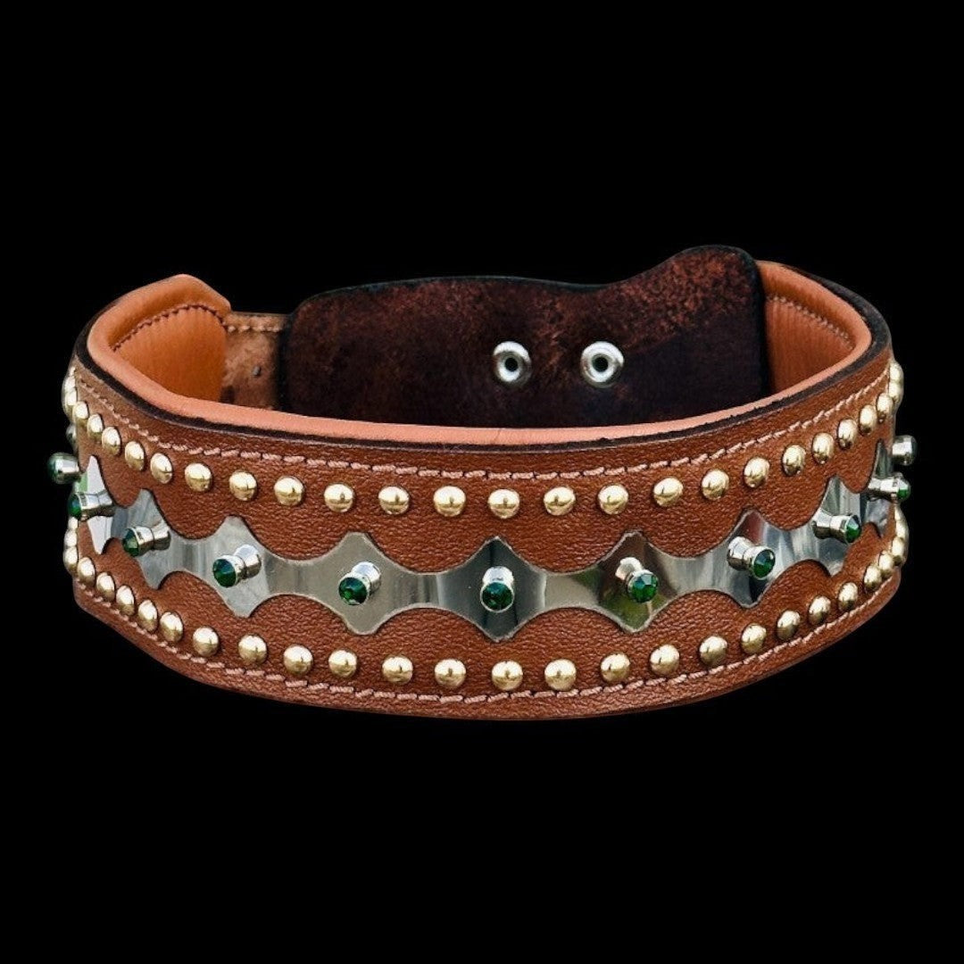 Handcrafted leather dog collar with sparkling crystals from A&C Dog Collars, featuring elegant design and durable craftsmanship.
