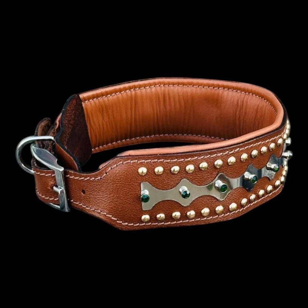 Handcrafted leather dog collar by A&C Dog Collars with sparkling crystals, elegant design, and durable construction.
