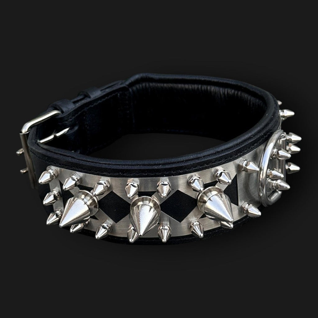 Handmade spiked leather dog collar with custom engraved name plate from A&C Dog Collars, showing detailed spikes and engraved plate.