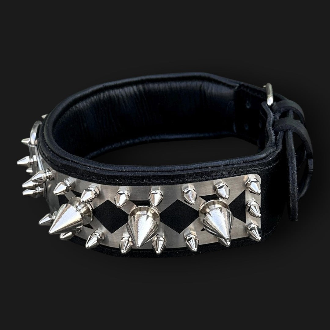 Handmade spiked leather dog collar with custom engraved name plate from A&C Dog Collars, featuring metal spikes and adjustable fit.