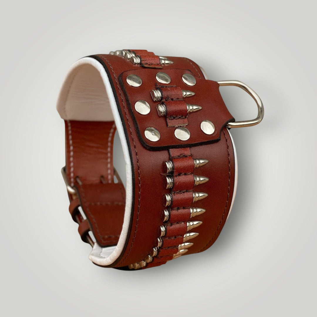 Handmade buffalo leather dog collar with engraved personalized name plate from A&C Dog Collars, featuring sturdy craftsmanship and stylish design.