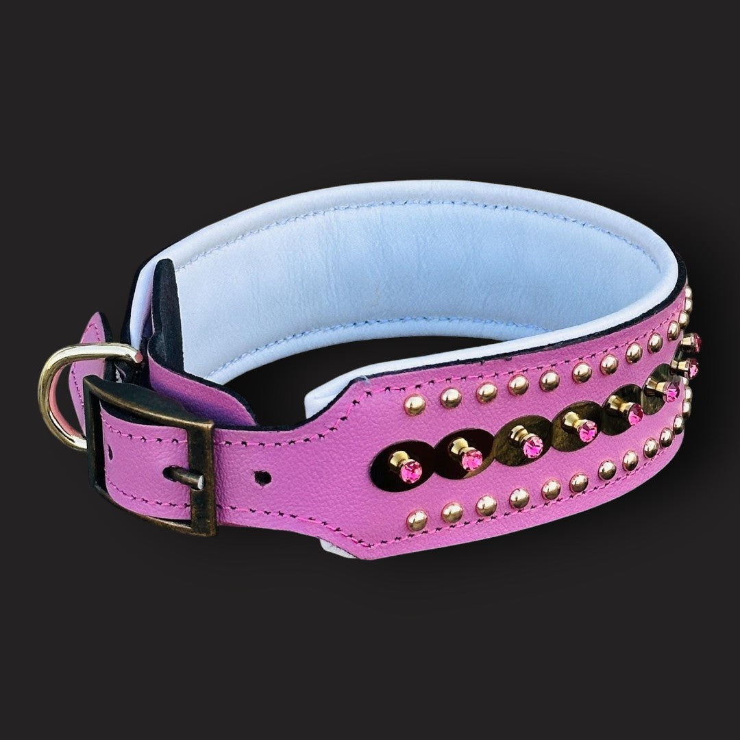 Handmade green leather dog collar with crystal studs for medium breeds, stylish and durable from A&C Dog Collars.