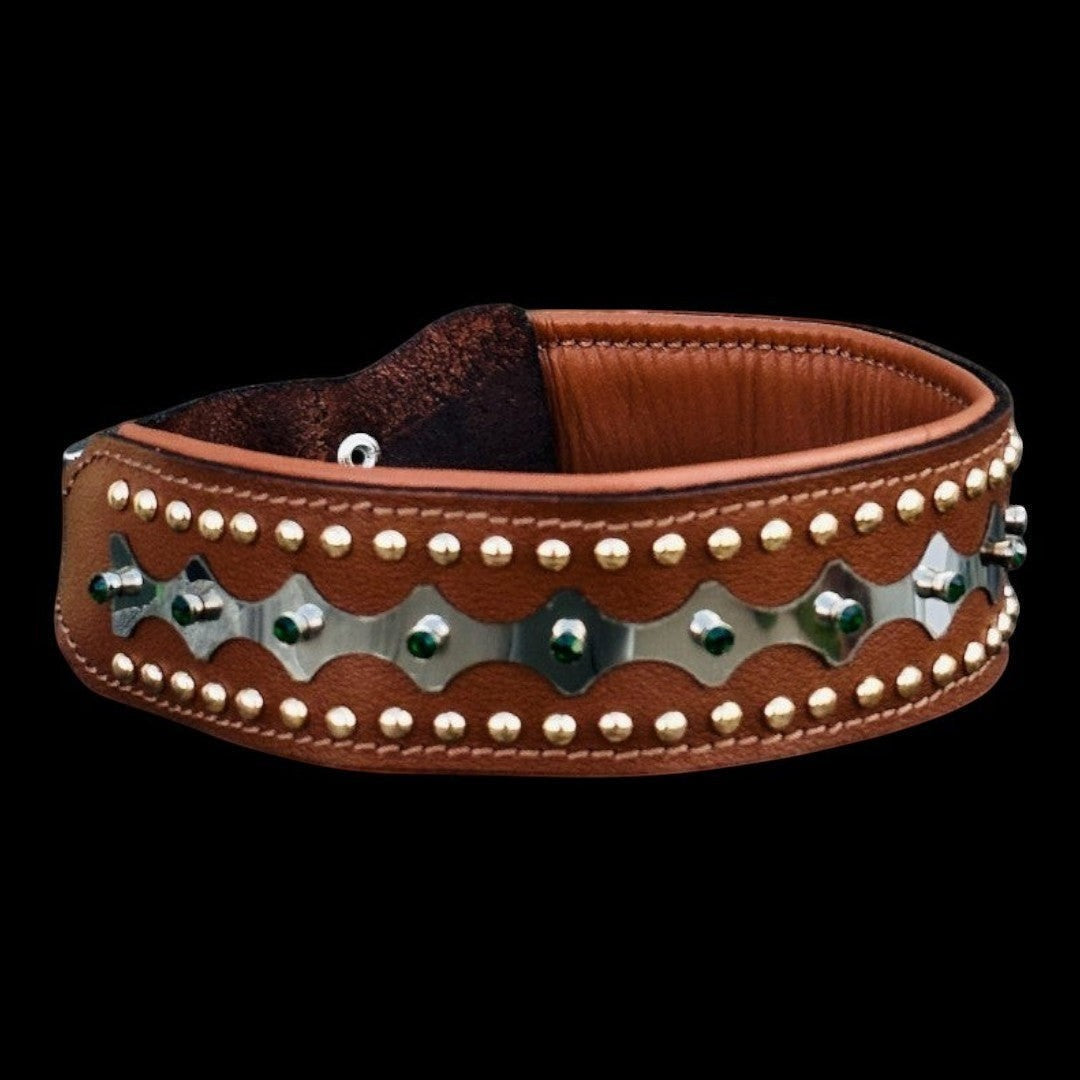 Handcrafted leather dog collar with sparkling crystals from A&C Dog Collars, showcasing elegant design and durable craftsmanship.