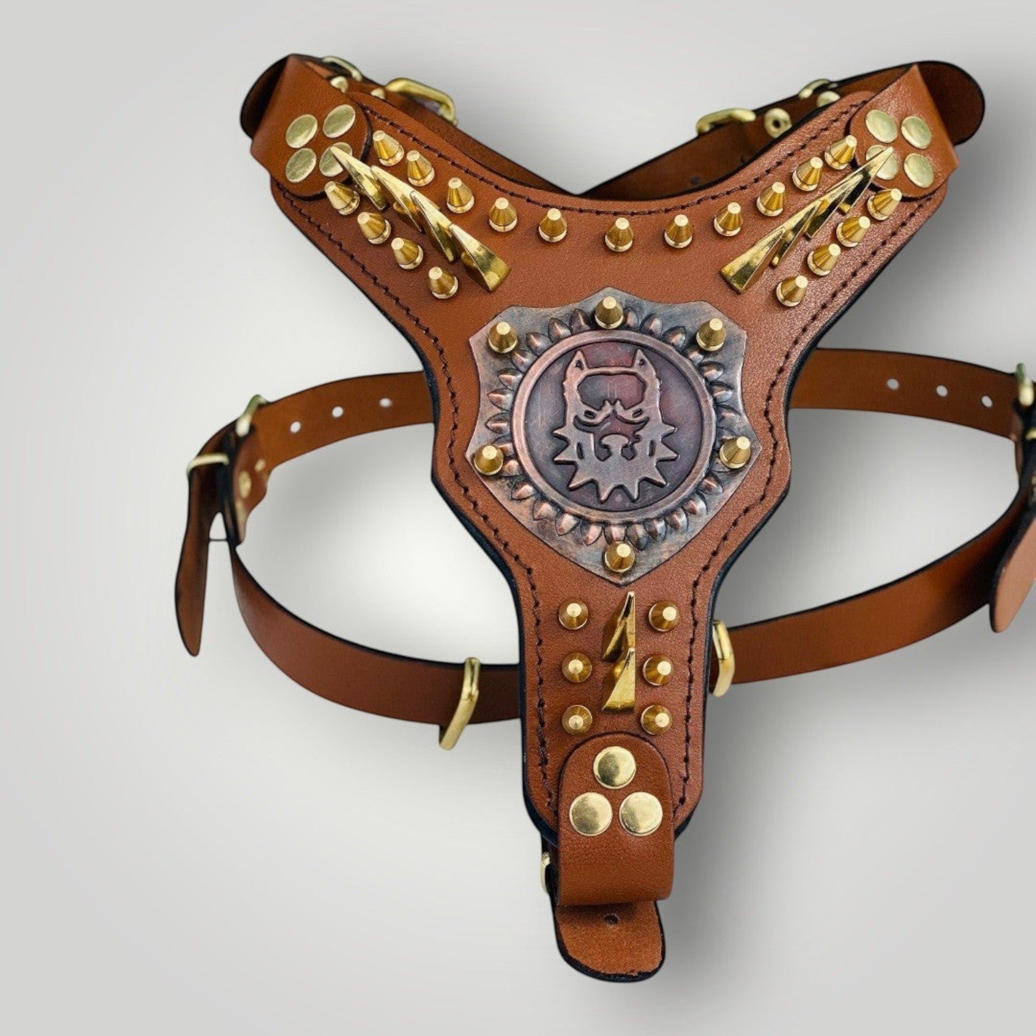 Handmade buffalo leather dog harness with personalized collar from A&C Dog Collars, showing adjustable straps and high-quality leather.