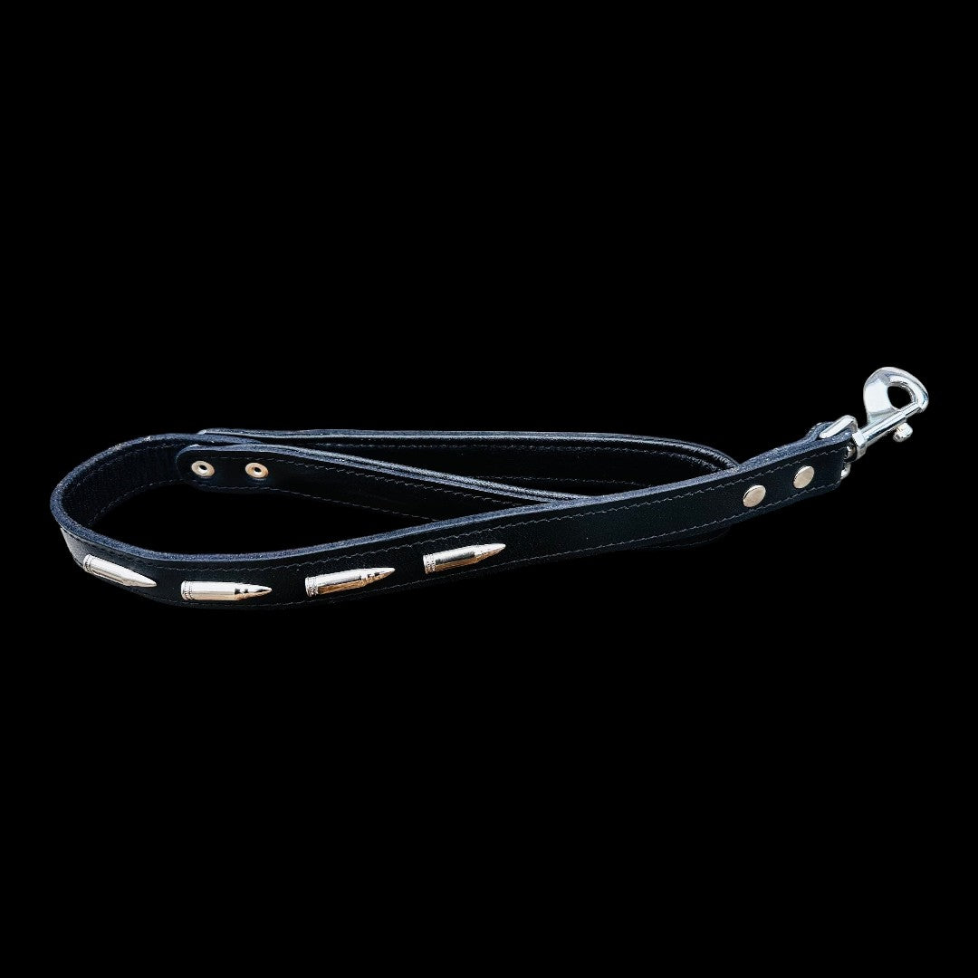 Handmade buffalo leather dog collar by A&C Dog Collars with personalized engraving, shown with adjustable strap and engraved name plate.