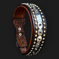 Laser engraved leather dog collar by A&C Dog Collars, handmade strong collar for large breed dogs, showing detailed engraved design.