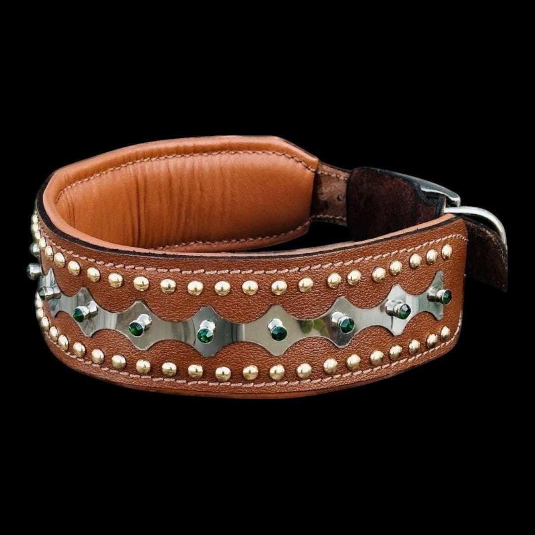 Handcrafted leather dog collar from A&C Dog Collars with sparkling crystals, featuring elegant, durable design and detailed craftsmanship.