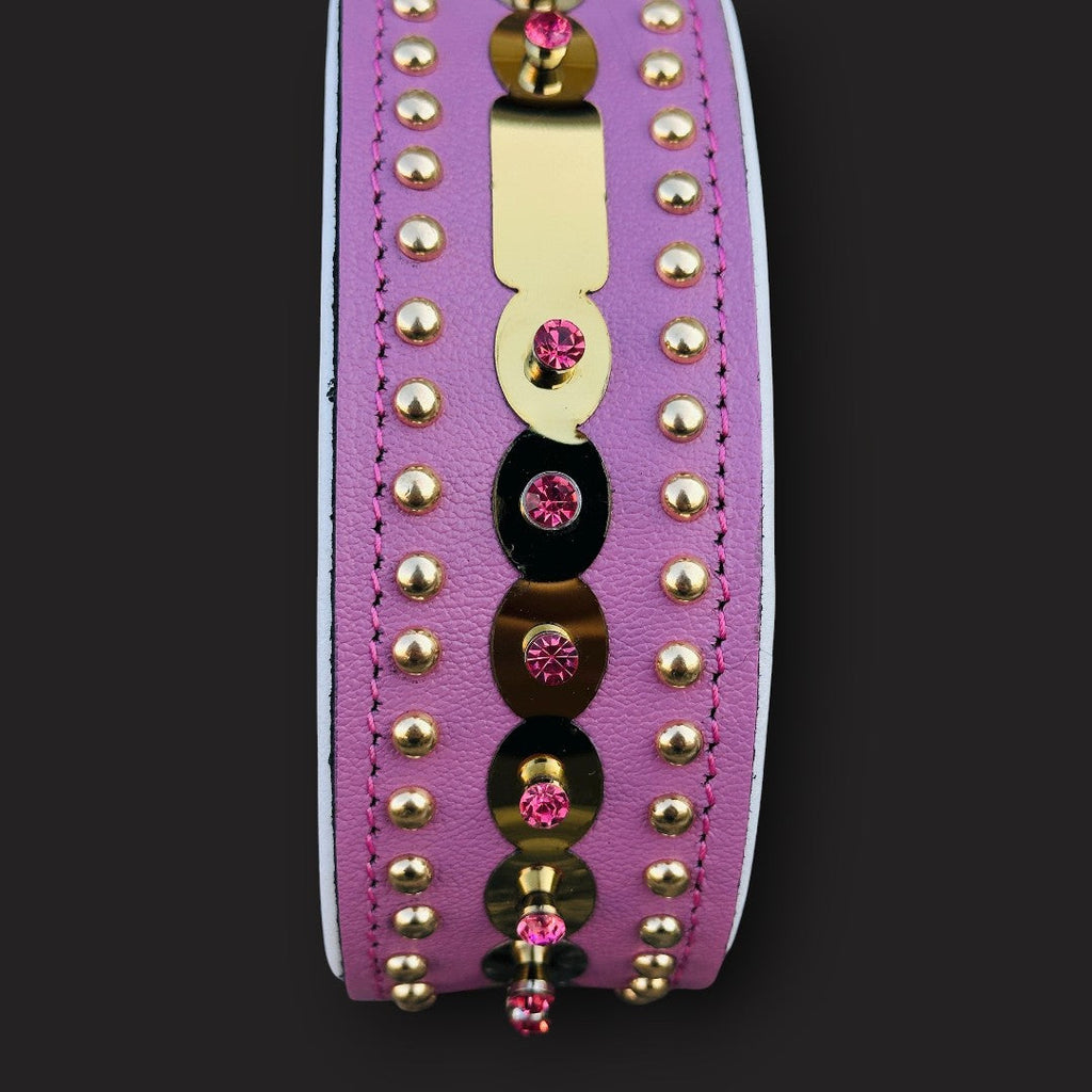 Handmade green leather dog collar with crystal studs for medium breeds, stylish and durable from A&C Dog Collars.