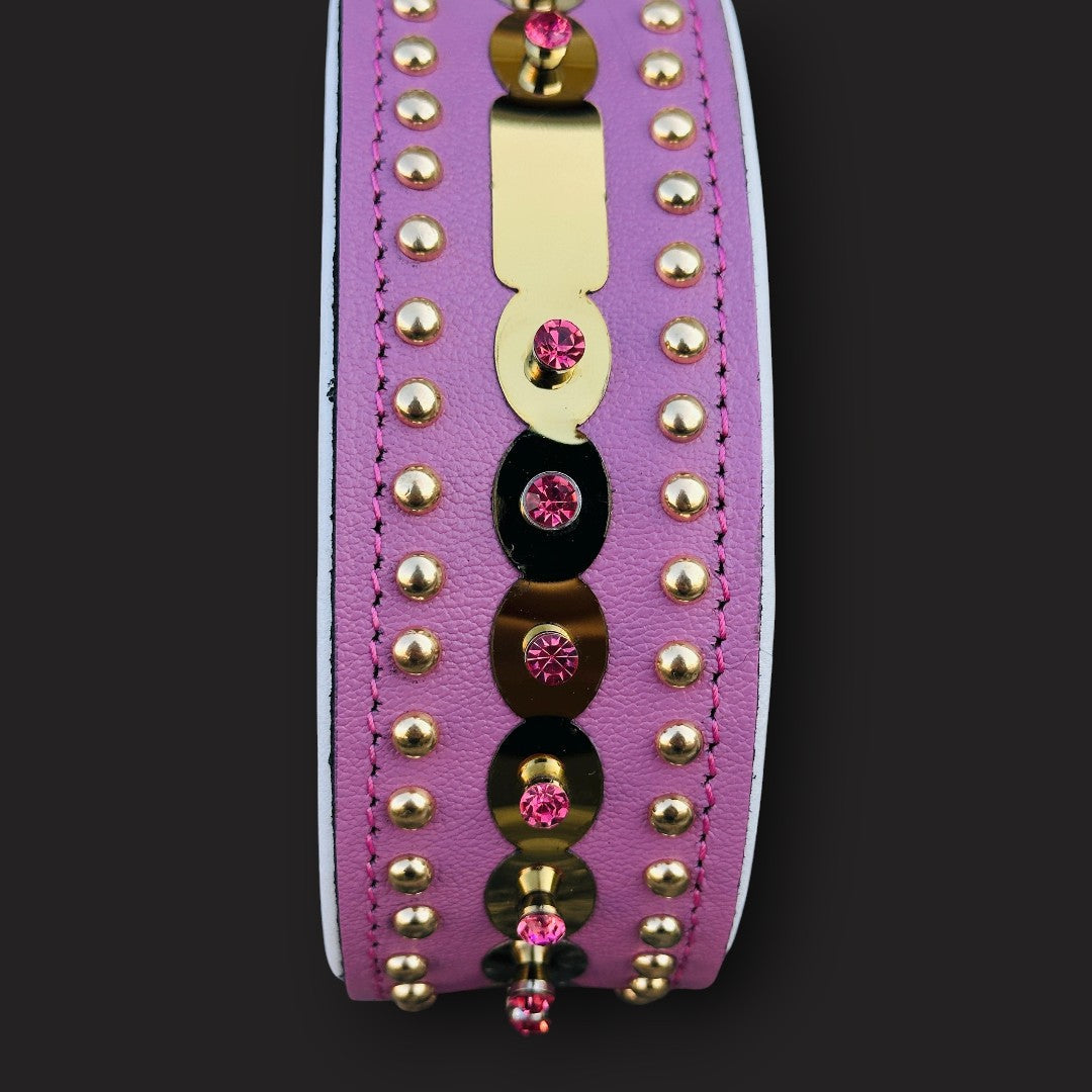 Handmade green leather dog collar with crystal studs for medium breeds, stylish and durable from A&C Dog Collars.