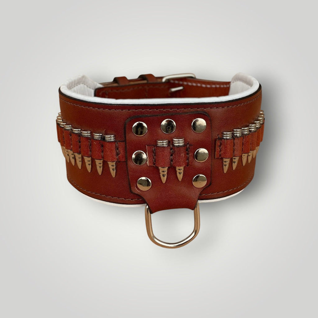 Handmade buffalo leather dog collar with engraved personalized name plate, featuring durable craftsmanship and adjustable fit.