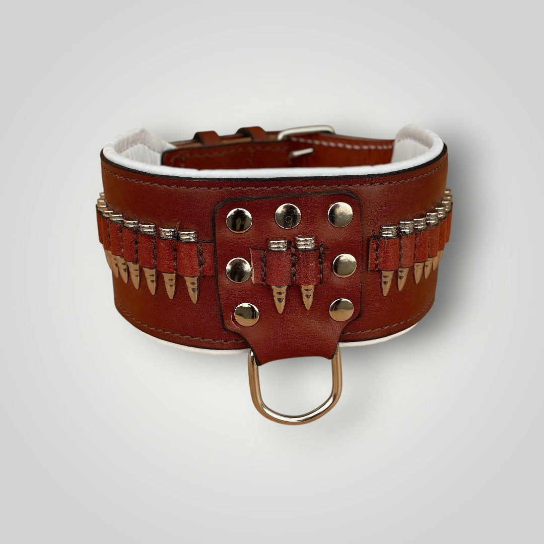 Handmade buffalo leather dog collar with engraved personalized name plate, featuring durable craftsmanship and adjustable fit.