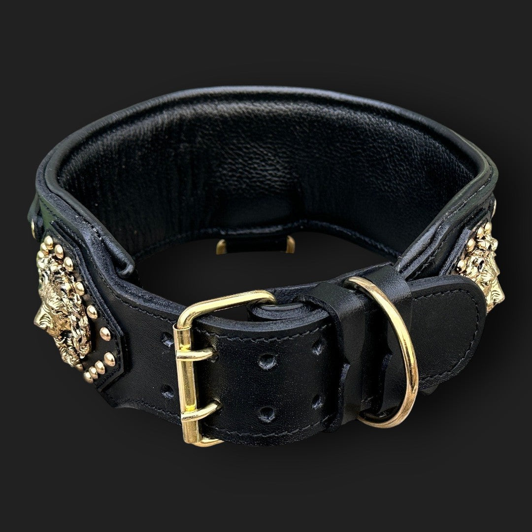 Handmade Wide Buffalo Leather Dog Collar: Gold Lion, Chain Detail - A&C Dog Collars