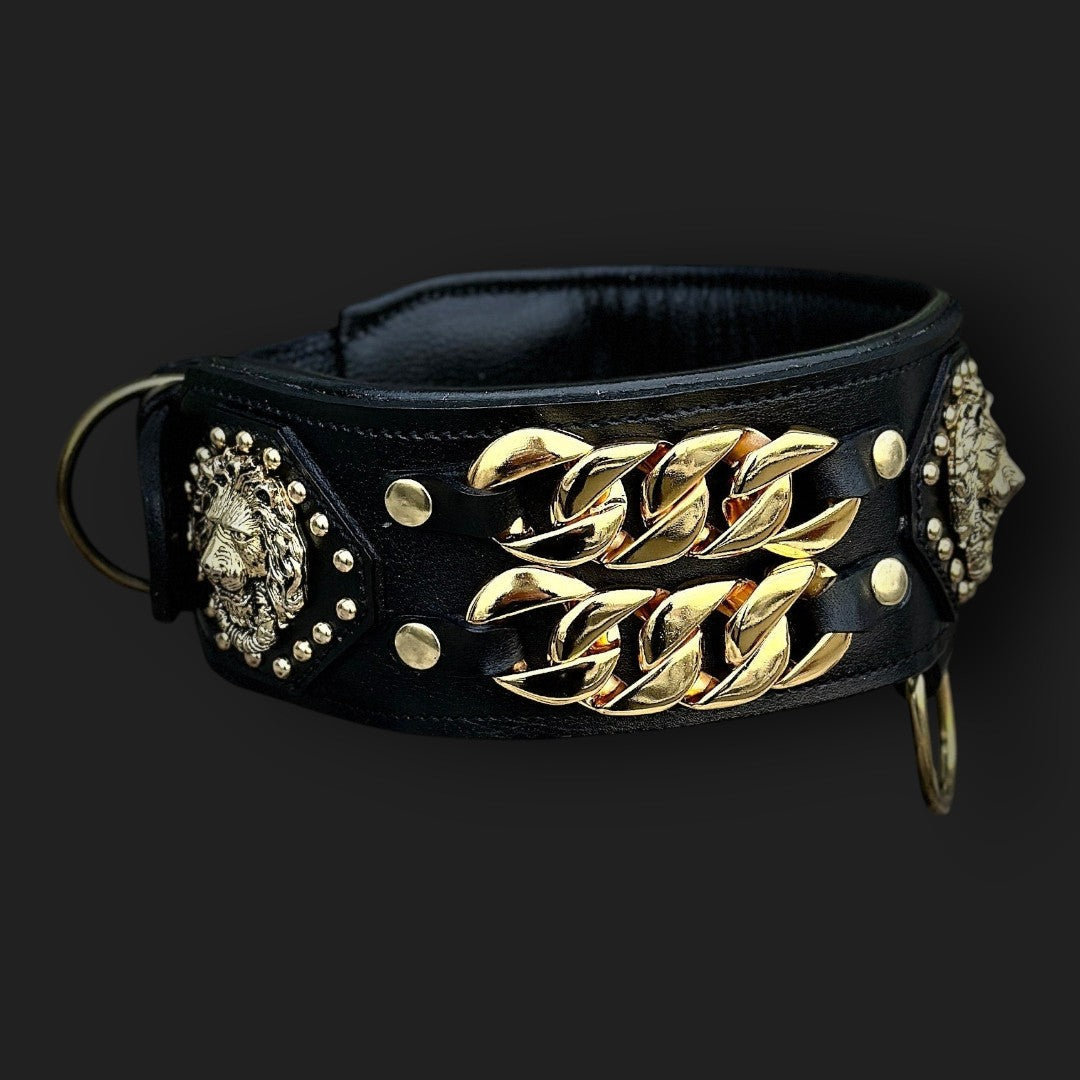 Handmade Wide Buffalo Leather Dog Collar: Gold Lion, Chain Detail - A&C Dog Collars