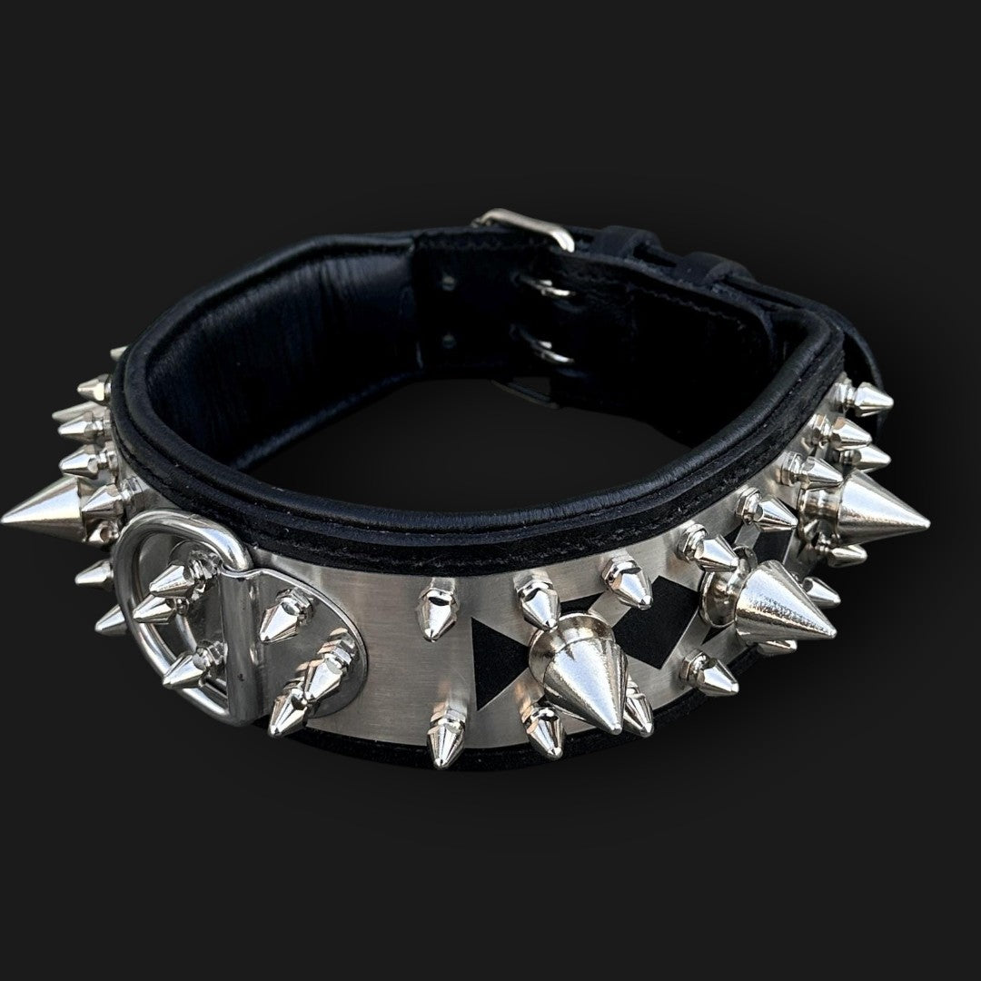 Handmade spiked leather dog collar with custom engraved name plate from A&C Dog Collars, featuring metal spikes and adjustable fit.