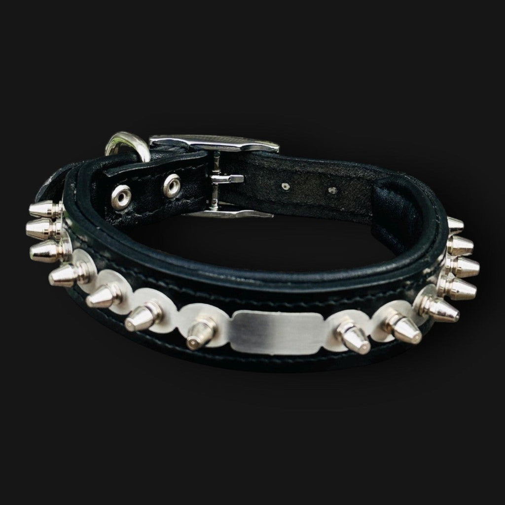 Personalized leather dog collar with engraved custom name tag, handmade by A&C Dog Collars, featuring a brown leather strap and metal buckle.