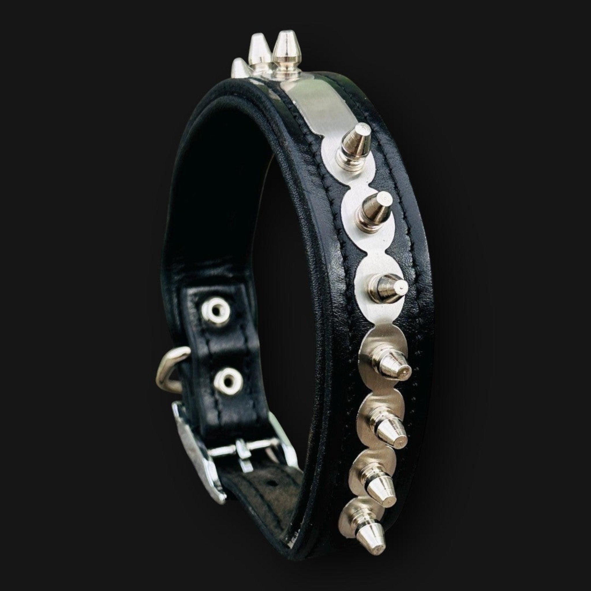 Personalized leather dog collar with engraved custom name tag, handmade by A&C Dog Collars, featuring a sturdy buckle and stylish design.