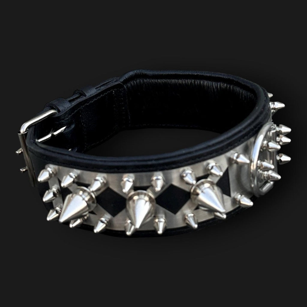 Handmade spiked leather dog collar by A&C Dog Collars with a custom engraved metal name plate and adjustable buckle.