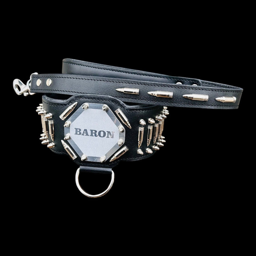 Handmade buffalo leather dog collar with personalized engraving, featuring adjustable fit and stylish design from A&C Dog Collars.