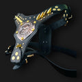 Handmade buffalo leather dog harness with Punisher copper plate and gold rivets, durable and stylish for medium to large dogs.