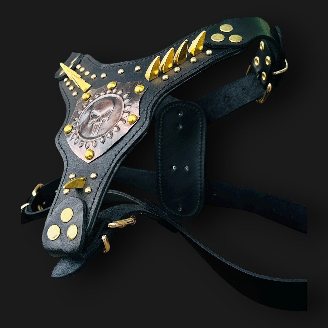 Handmade buffalo leather dog harness with Punisher copper plate and gold rivets, durable and stylish for medium to large dogs.