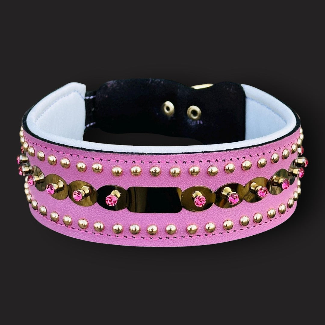 Handmade green leather dog collar with crystal studs for medium breeds, stylish and durable by A&C Dog Collars