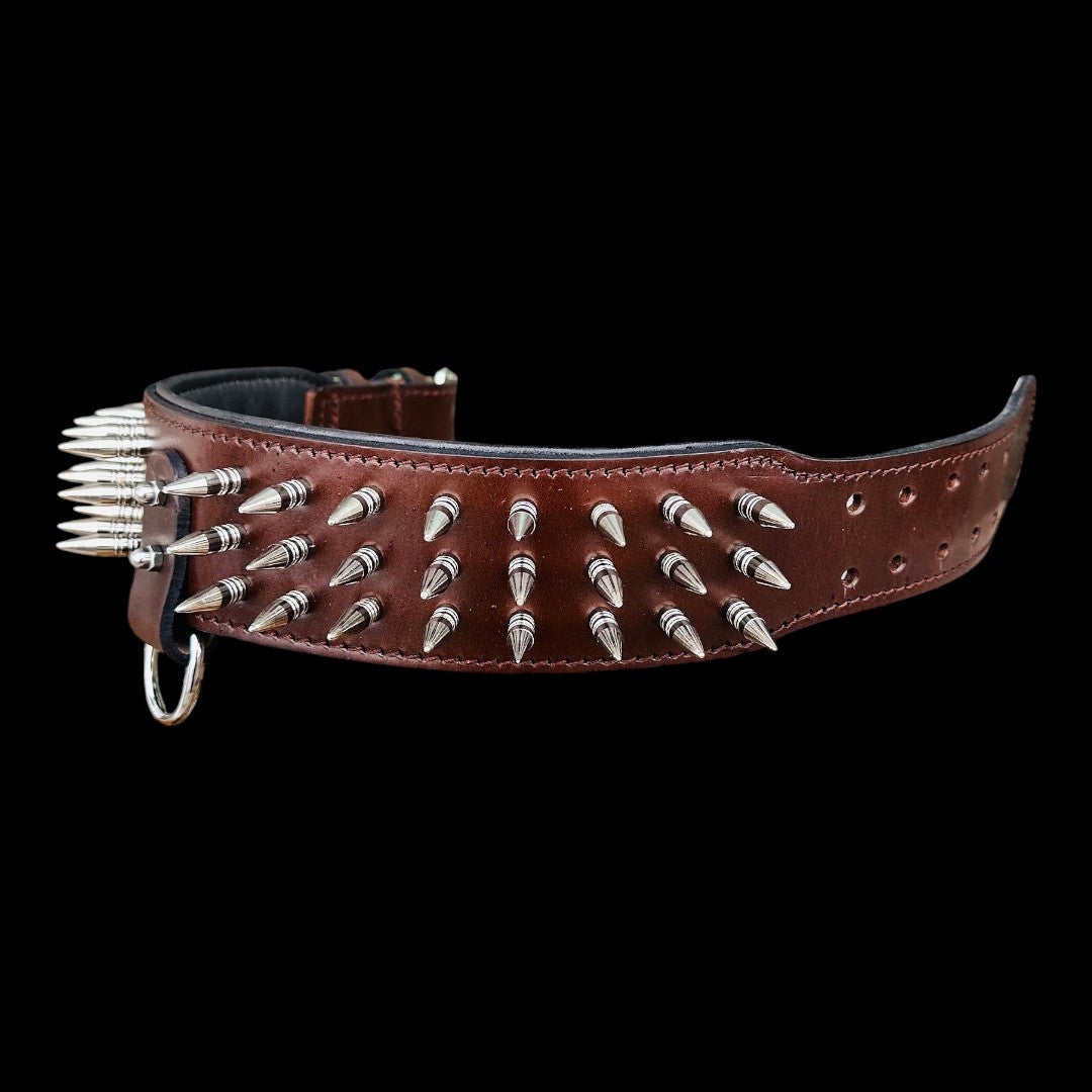 Handmade Buffalo leather dog harness set with personalized spiked collar and matching leash, featuring durable craftsmanship and stylish design.