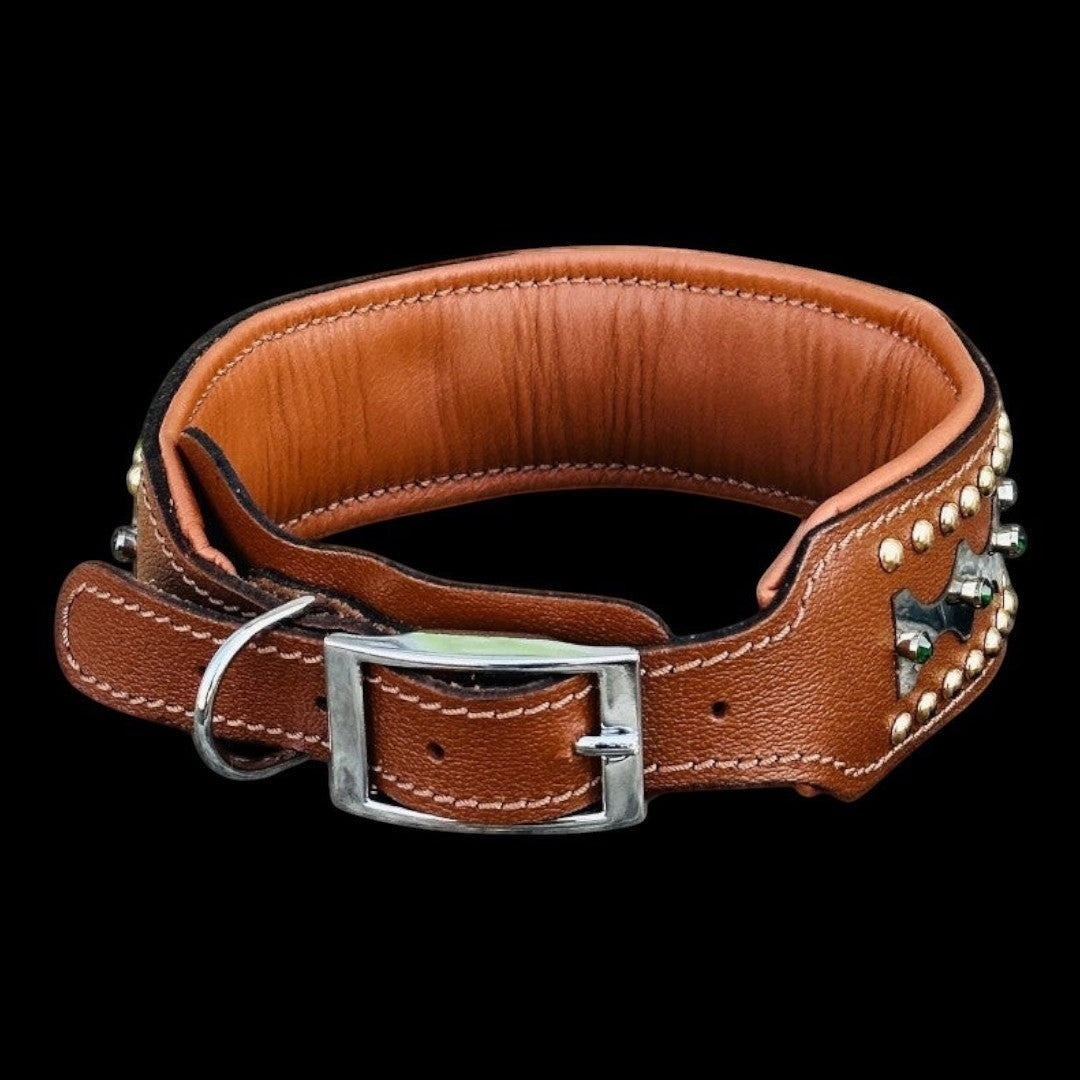 Handcrafted leather dog collar by A&C Dog Collars with sparkling crystals, showcasing elegant and durable design with metal buckle.