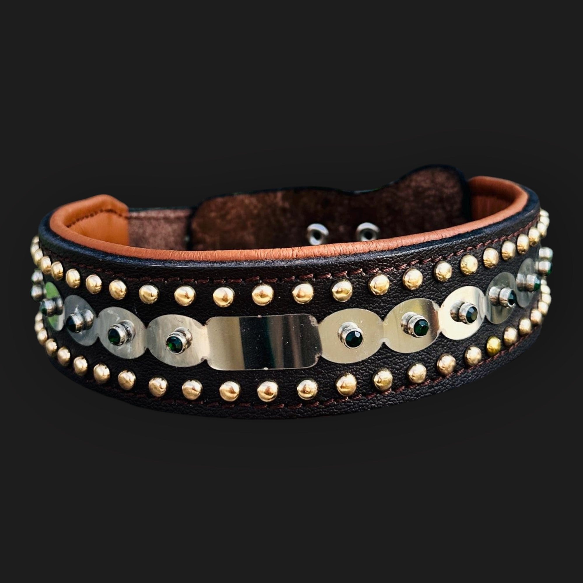 Laser engraved leather dog collar by A&C Dog Collars, strong handmade collar for large breeds with detailed engraving visible.