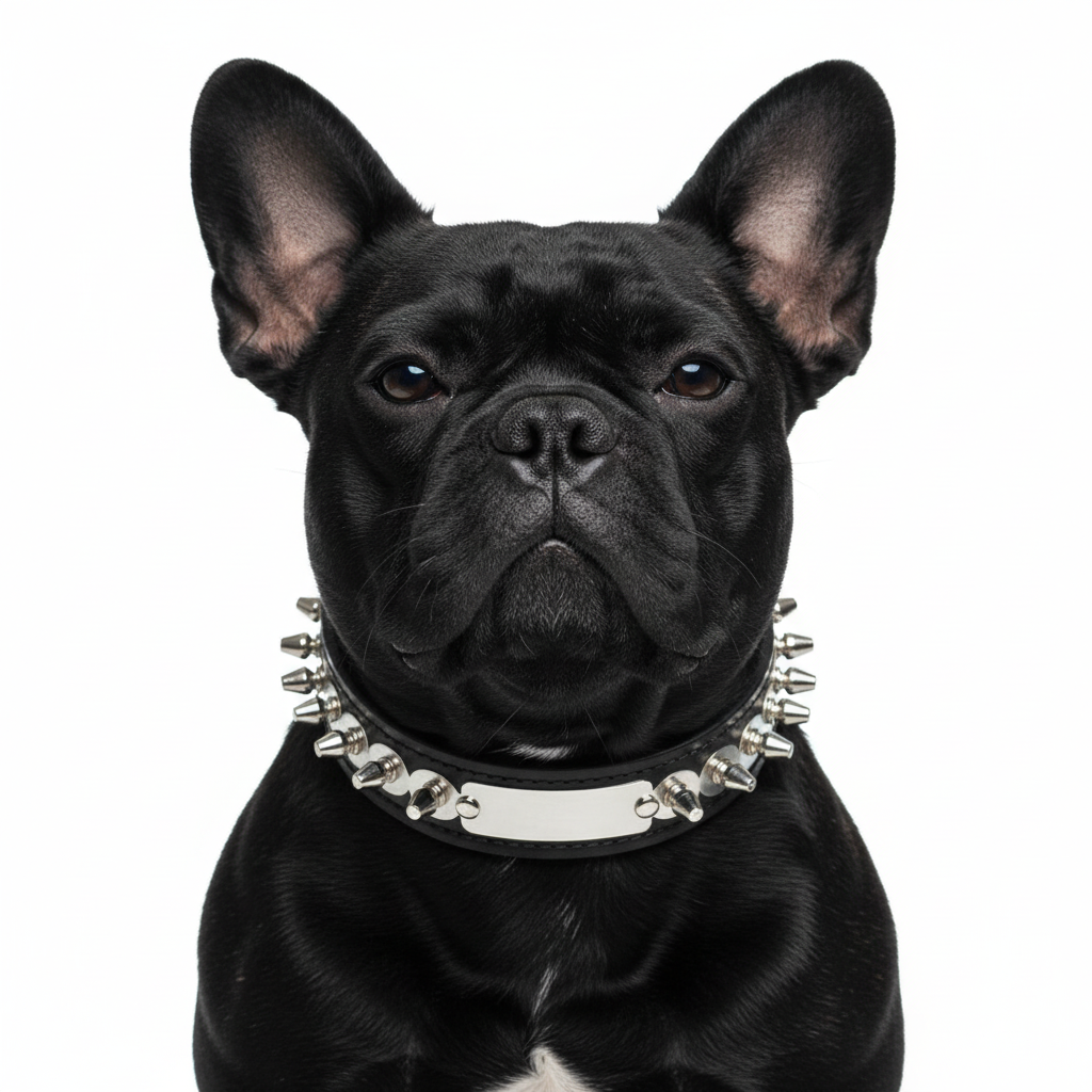 Siyah French Bulldog boynunda siyah spike tasma - net detay görünüm