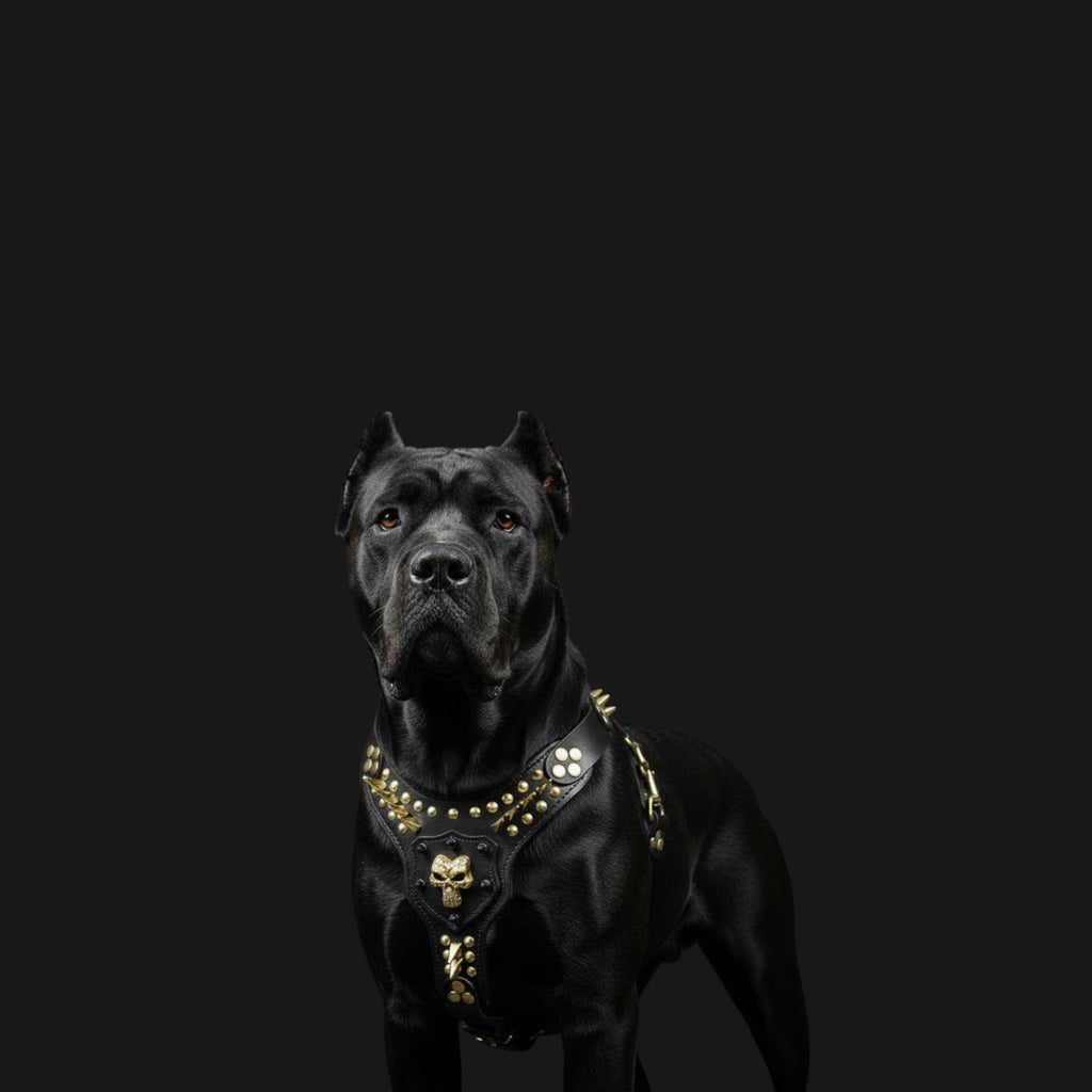 Siyah Cane Corso ile siyah deri göğüs tasması