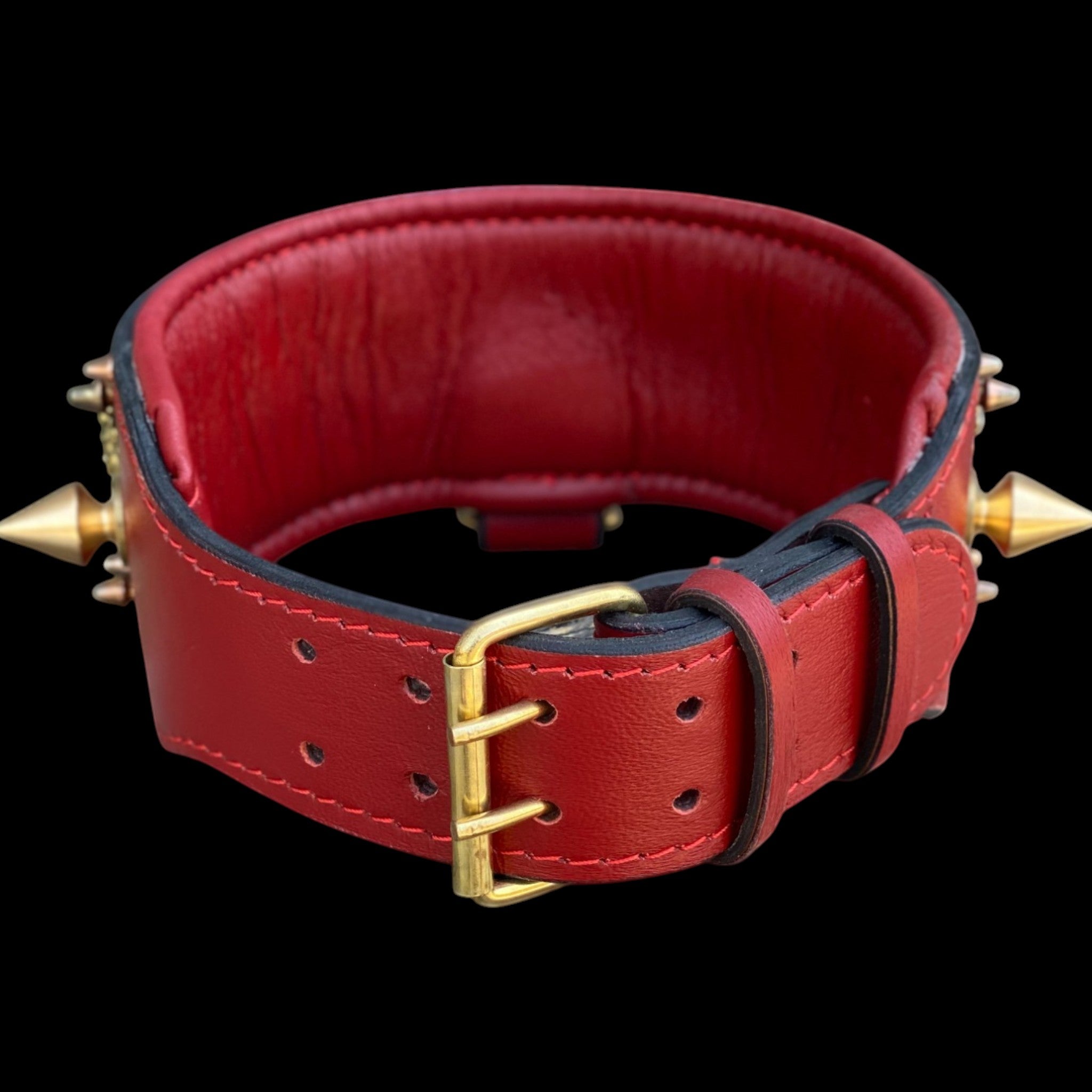 Handcrafted Red Leather Dog Collar – Lion Head Design with Gold Spikes, Wide Strong Collar for Cane Corso, Rottweiler, Doberman, Kangal, American Bully - A&C Dog Collars