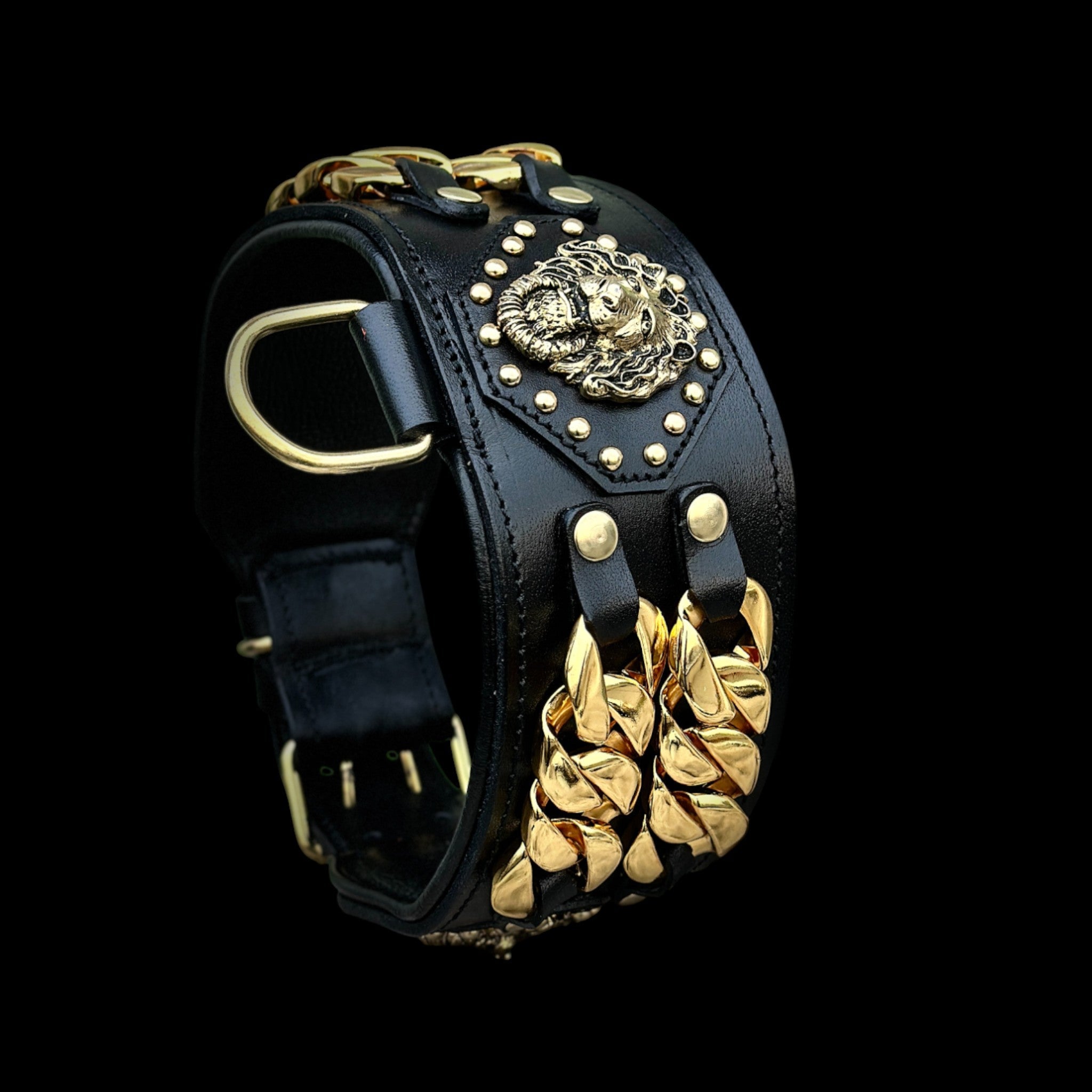 Handcrafted Black Leather Dog Collar – Lion Head Design with Gold Chains, Wide Strong Collar for Cane Corso, Rottweiler, Doberman, Kangal, American Bully - A&C Dog Collars