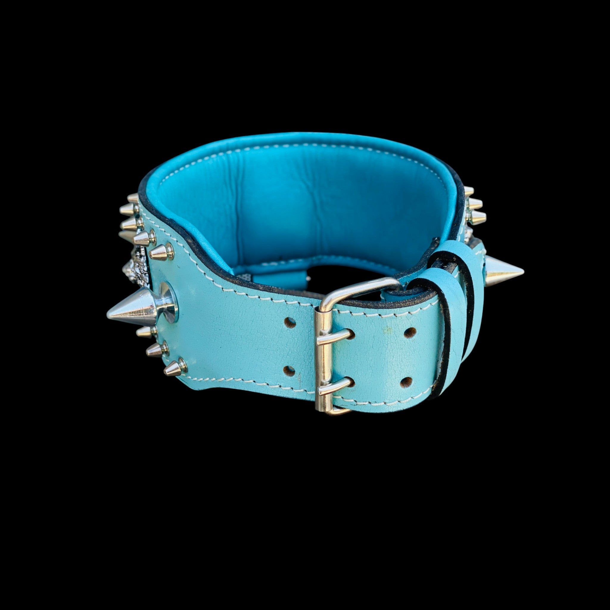 Handcrafted Turquoise Leather Dog Collar – Lion Head Design with Silver Spikes, Wide Strong Collar for Cane Corso, Rottweiler, Doberman, Kangal, American Bully - A&C Dog Collars