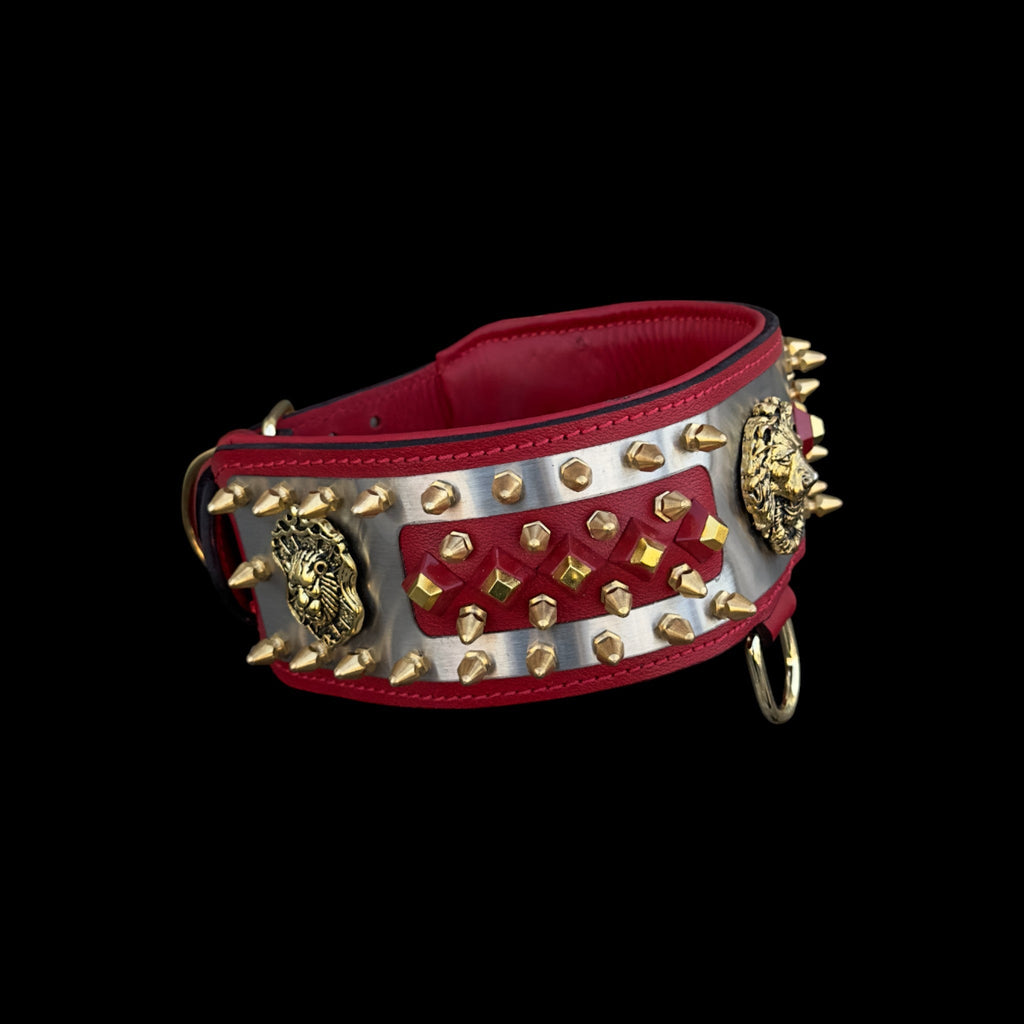 Front angle of Lion Emperor collar showing precision spikes and craftsmanship.