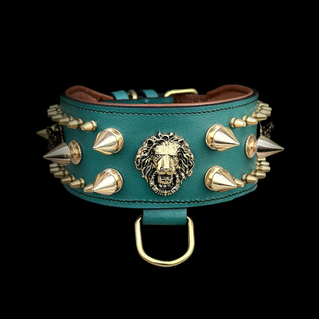 Handcrafted Green Leather Dog Collar – Lion Head Design with Gold Spikes - A&C Dog Collars