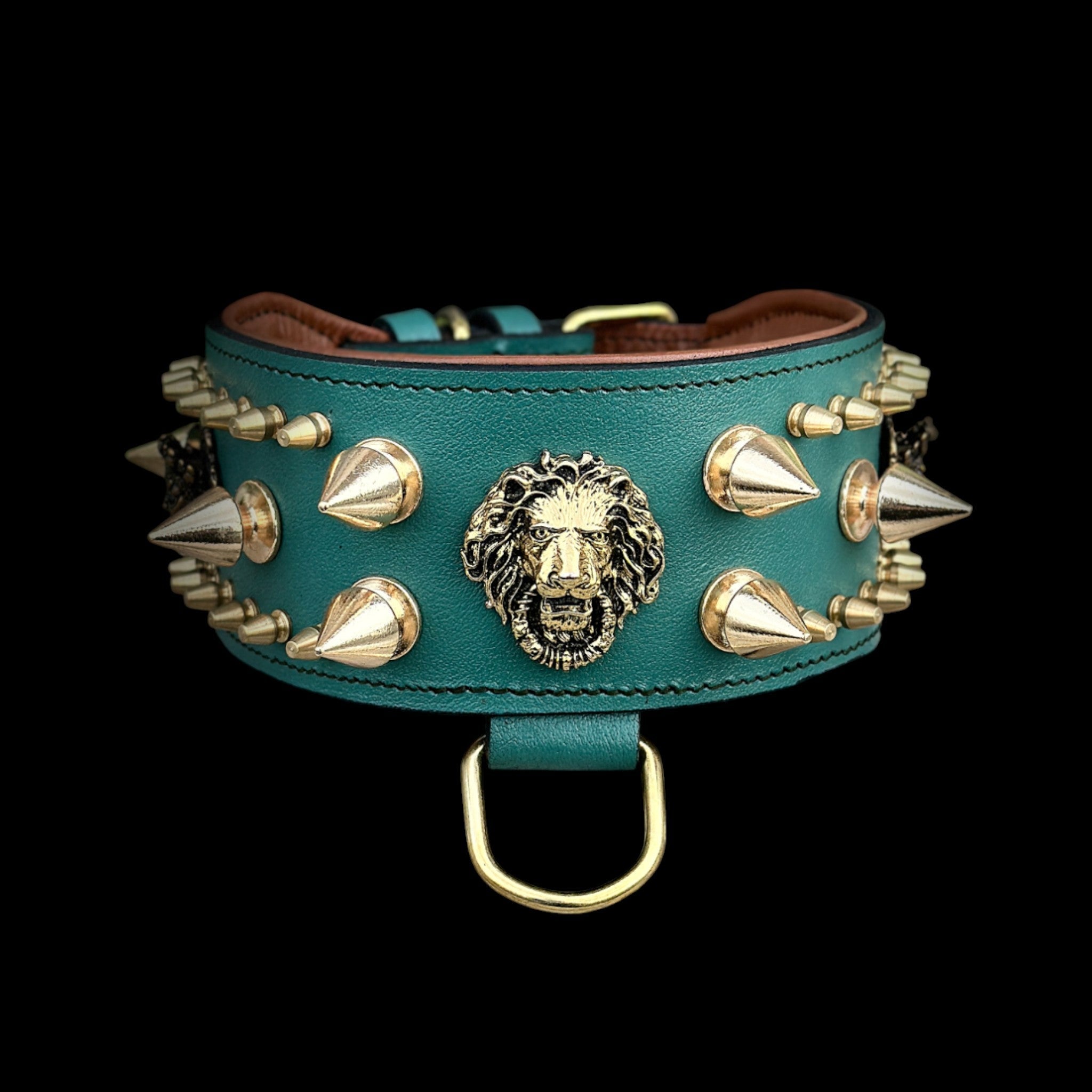 Handcrafted Green Leather Dog Collar – Lion Head Design with Gold Spikes - A&C Dog Collars