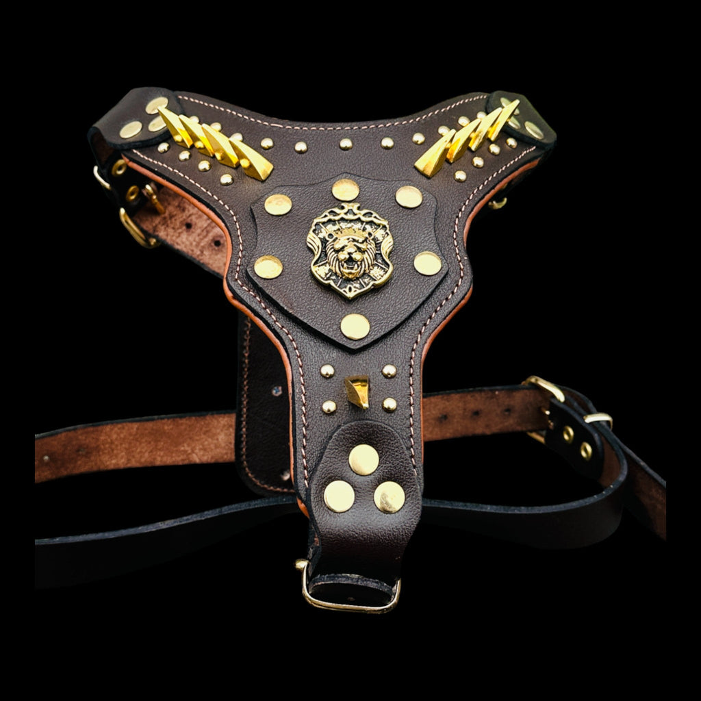 LionHeart™ Imperial – Gold Lion Emblem Buffalo Leather Dog Harness - A&C Dog Collars
