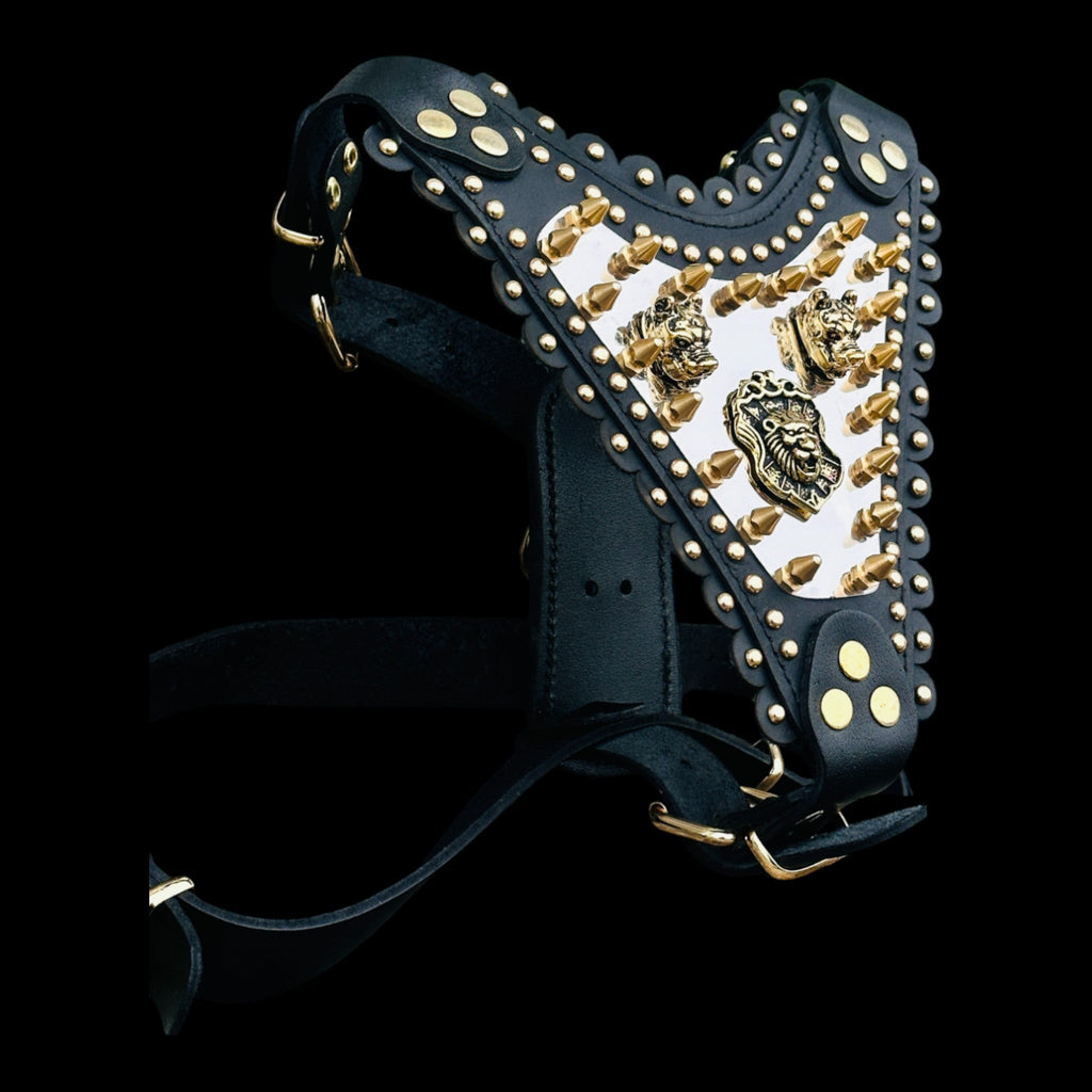 Luxury Handmade Dog Harness with Bully Head & Lion Logo – Black Leather, Gold Spikes, Heavy Duty for Large Breeds - A&C Dog Collars