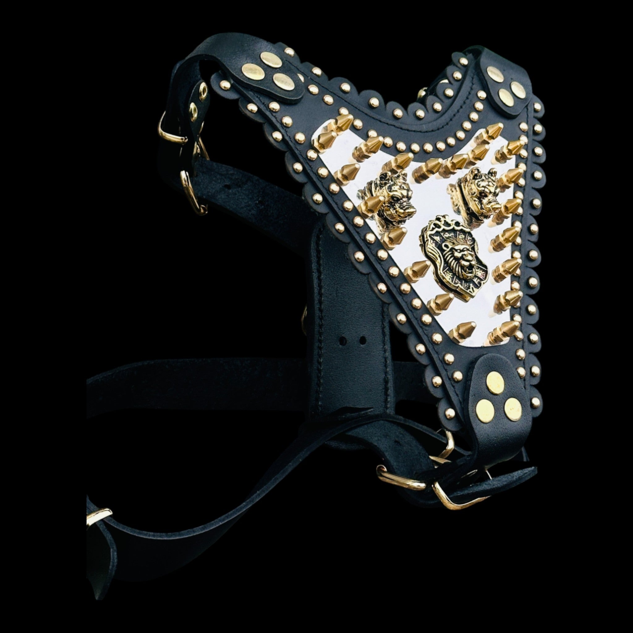 Luxury Handmade Dog Harness with Bully Head & Lion Logo – Black Leather, Gold Spikes, Heavy Duty for Large Breeds - A&C Dog Collars