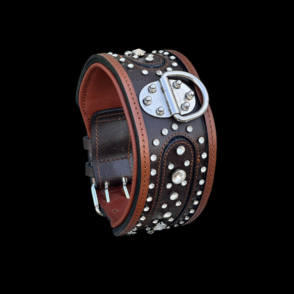 Handcrafted 8cm (3.15 inch) Wide Leather Dog Collar – Crystal Studded Design with Steel D-Ring for Cane Corso, Rottweiler, Doberman, Kangal, American Bully - A&C Dog Collars