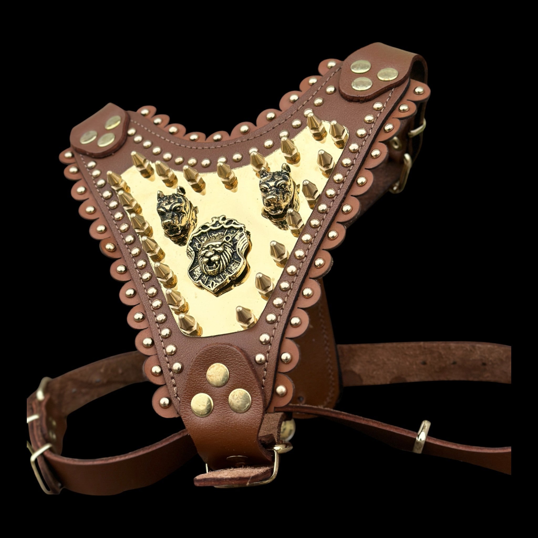 Luxury Handmade Brown Leather Dog Chest Harness with Gold Steel Plate, Bully Head & Lion Logo – Perfect for Cane Corso, Rottweiler, Kangal, Doberman, Bully, Malinois & Large Breeds - A&C Dog Collars
