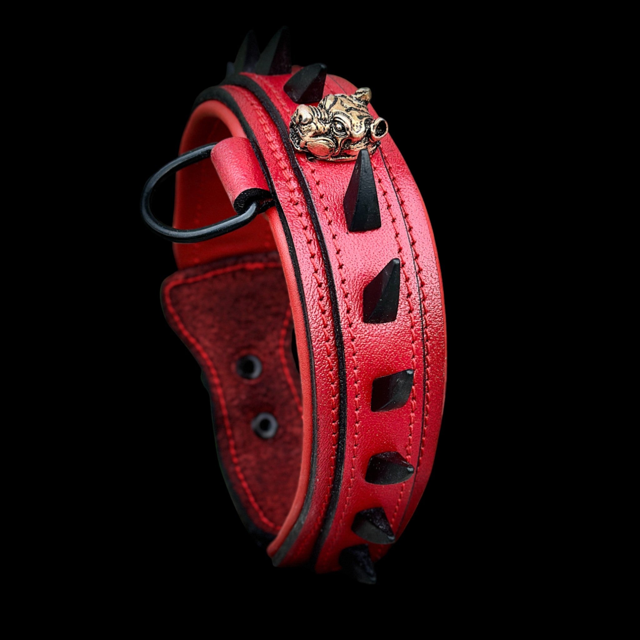 Handcrafted Red Leather Dog Collar – Bully Head Design, Spiked 4cm Wide Strong Collar for Cane Corso, Rottweiler, Doberman, Kangal, American Bully - A&C Dog Collars