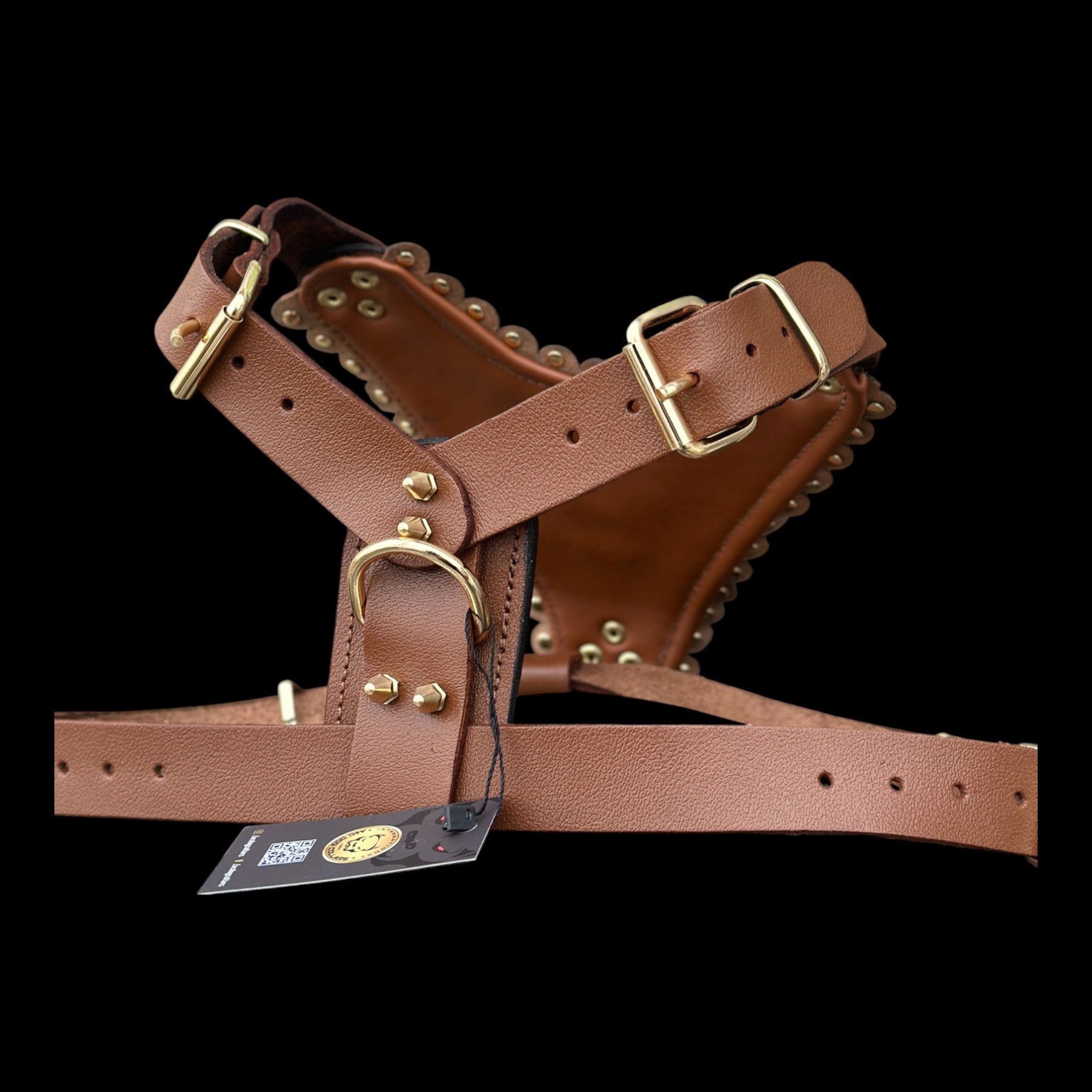 Luxury Handmade Brown Leather Dog Chest Harness with Gold Steel Plate, Bully Head & Lion Logo – Perfect for Cane Corso, Rottweiler, Kangal, Doberman, Bully, Malinois & Large Breeds - A&C Dog Collars