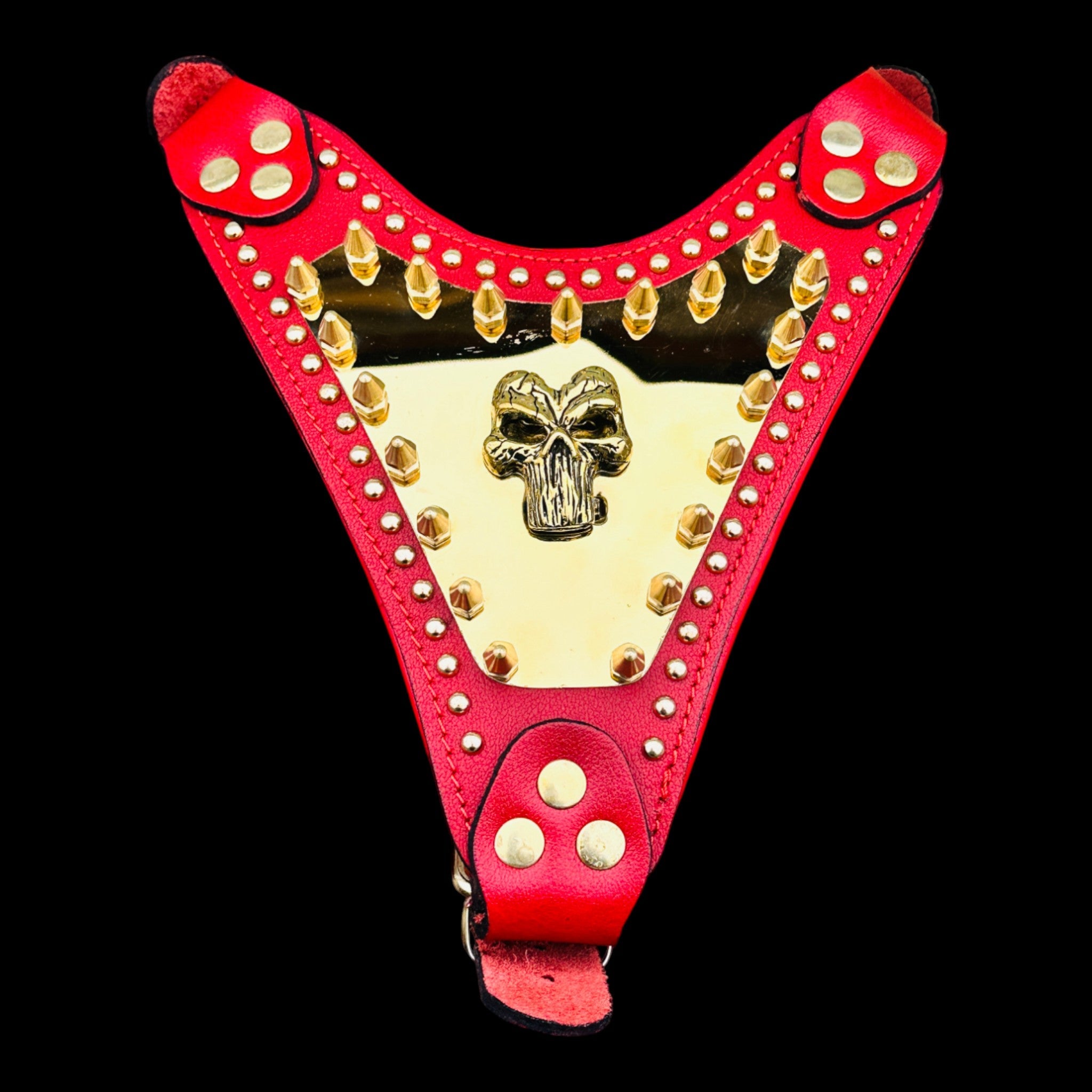 Handmade Red Leather Dog Harness with Punisher Logo - A&C Dog Collars