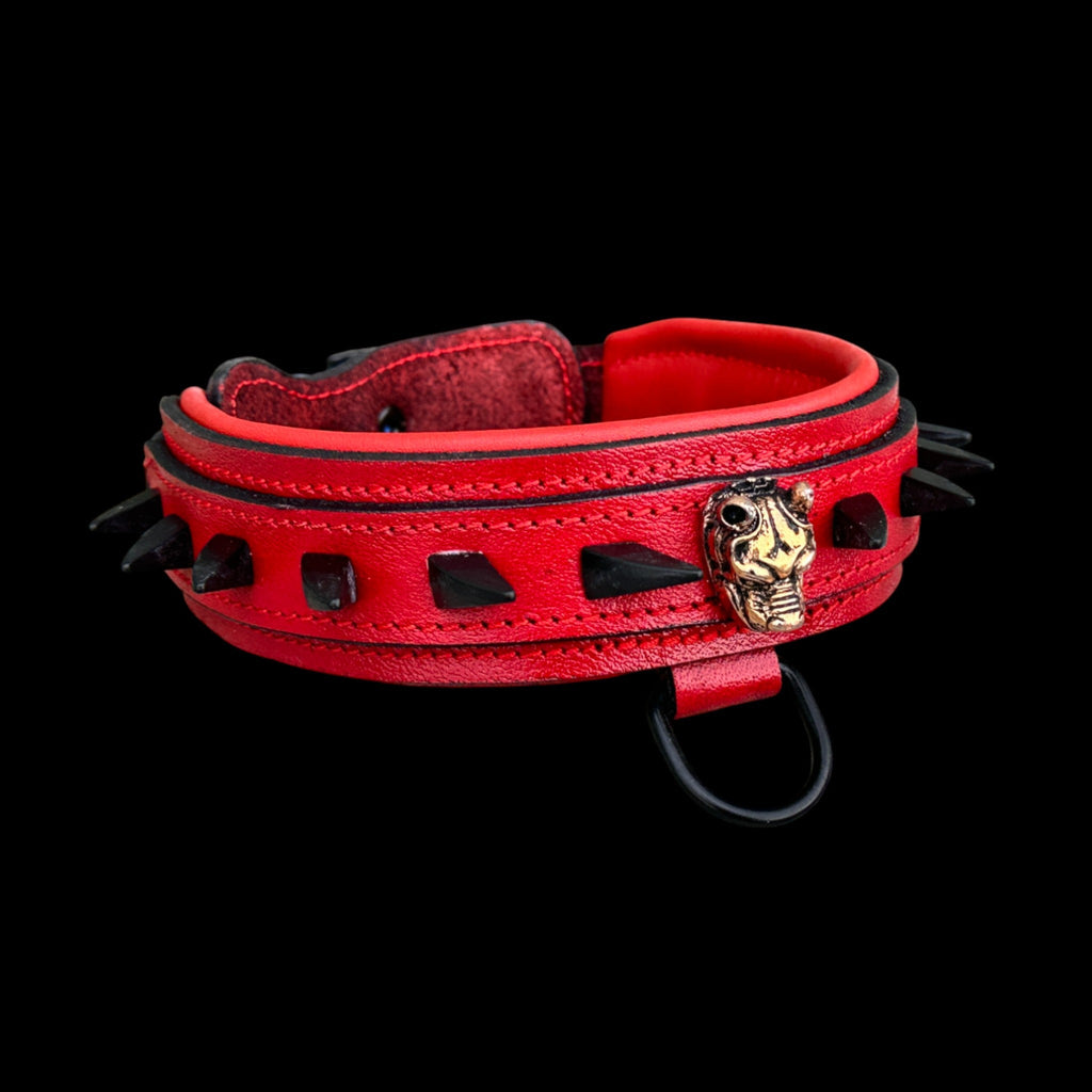 Handcrafted Red Leather Dog Collar – Bully Head Design, Spiked 4cm Wide Strong Collar for Cane Corso, Rottweiler, Doberman, Kangal, American Bully - A&C Dog Collars