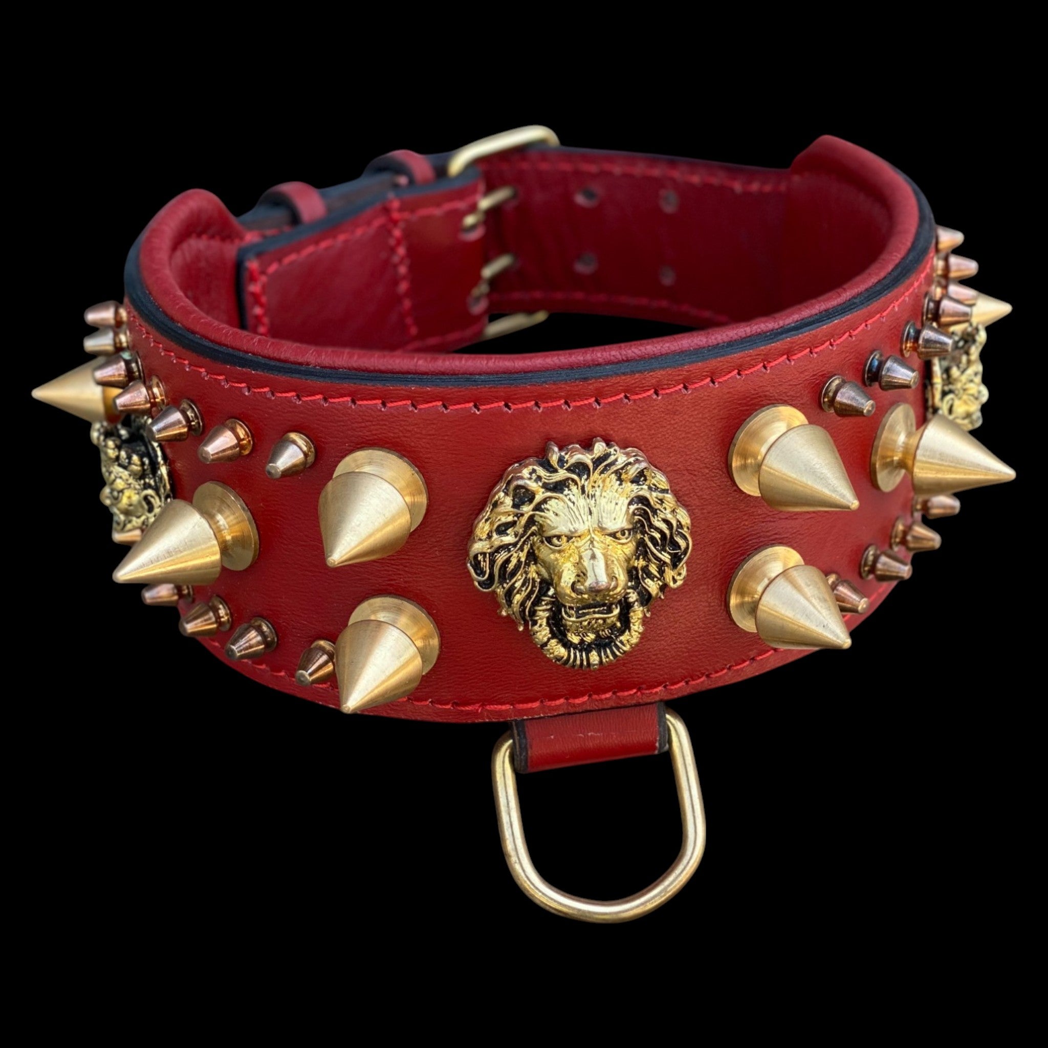 Handcrafted Red Leather Dog Collar – Lion Head Design with Gold Spikes, Wide Strong Collar for Cane Corso, Rottweiler, Doberman, Kangal, American Bully - A&C Dog Collars