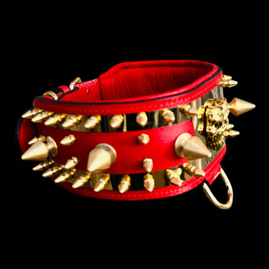 WarBringer™ Gold Edition – 3.15 inch Punisher Logo Buffalo Leather Dog Collar - A&C Dog Collars