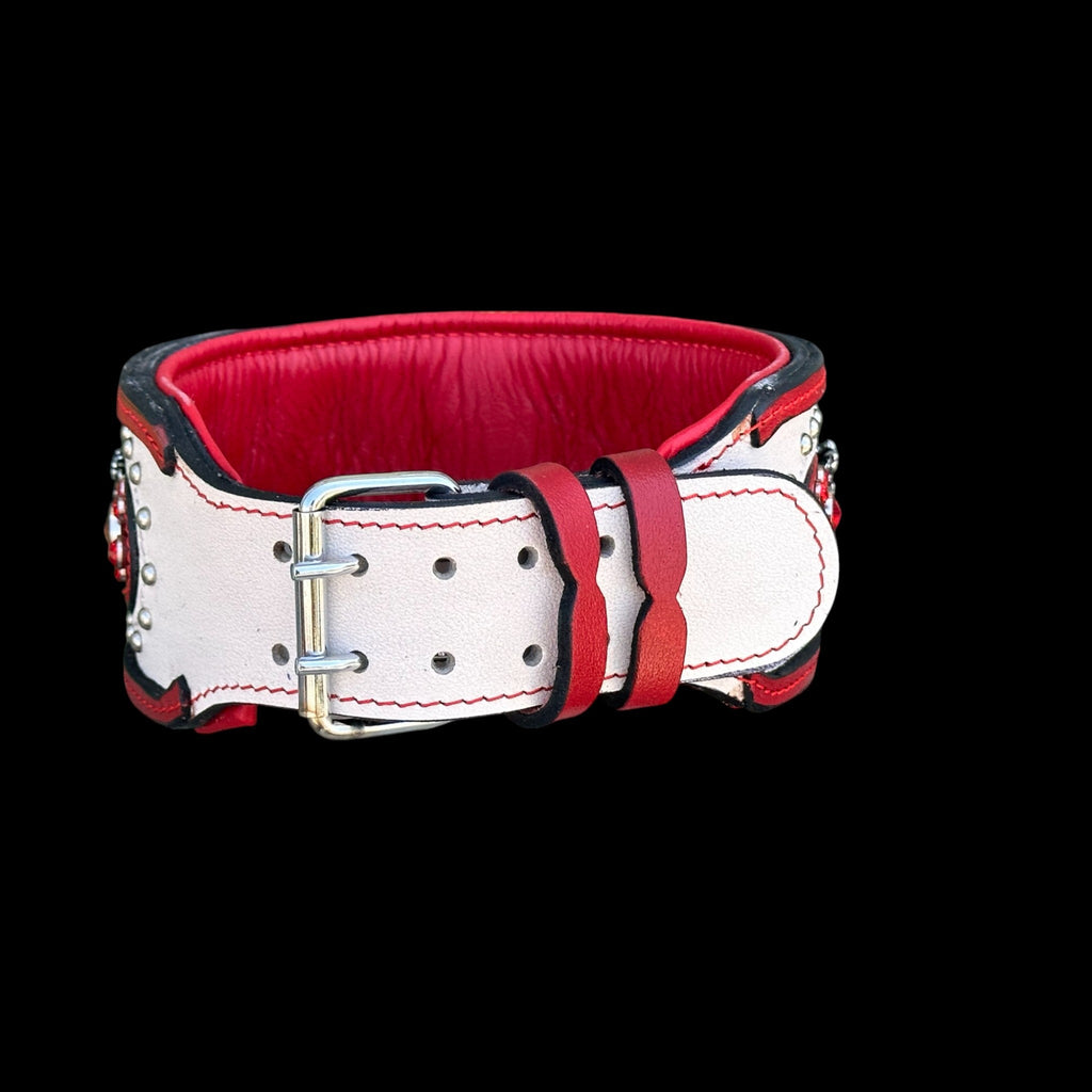 Extra Wide 3.15 Inch Handmade Dog Collar – Red & White Premium Crystal Stones - A&C Dog Collars