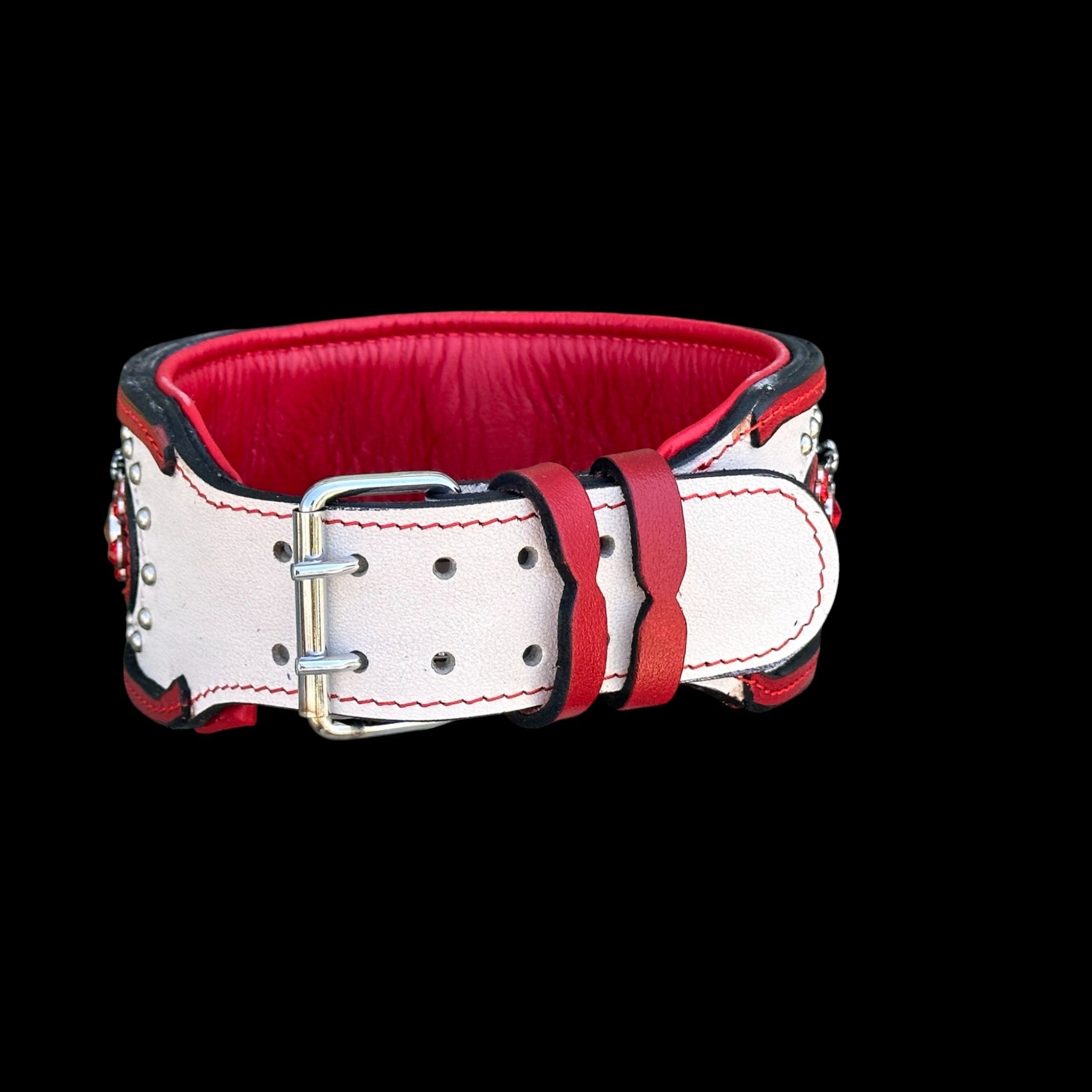 Extra Wide 3.15 Inch Handmade Dog Collar – Red & White Premium Crystal Stones - A&C Dog Collars
