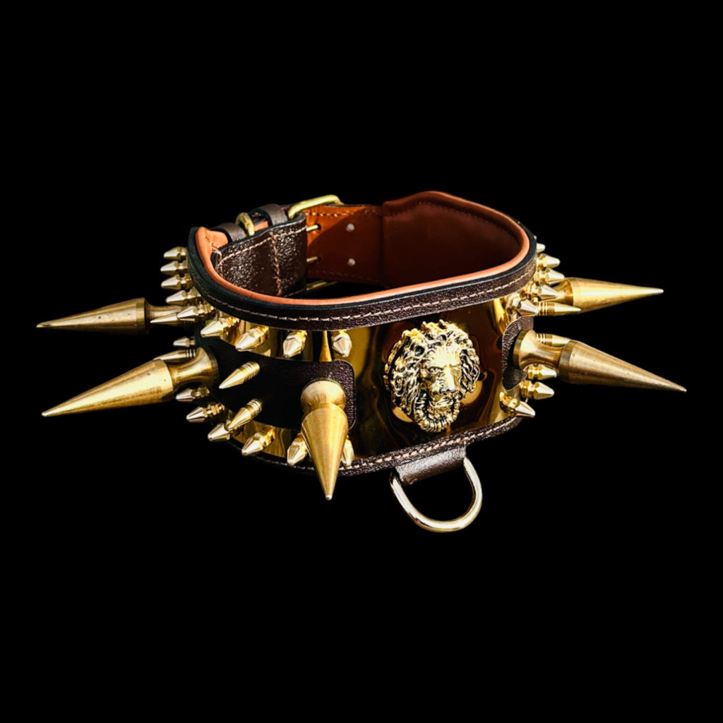 K9 collar with gold spikes and lion logo